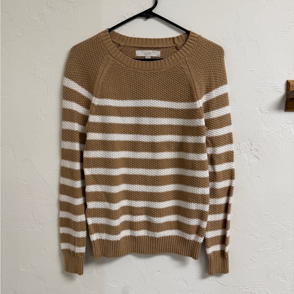 LOFT Camel and White Striped Crewneck Sweater